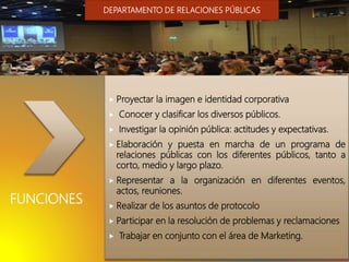 FUNCIONES
 Proyectar la imagen e identidad corporativa
 Conocer y clasificar los diversos públicos.
 Investigar la opinión pública: actitudes y expectativas.
 Elaboración y puesta en marcha de un programa de
relaciones públicas con los diferentes públicos, tanto a
corto, medio y largo plazo.
 Representar a la organización en diferentes eventos,
actos, reuniones.
 Realizar de los asuntos de protocolo
 Participar en la resolución de problemas y reclamaciones
 Trabajar en conjunto con el área de Marketing.
DEPARTAMENTO DE RELACIONES PÚBLICAS
 