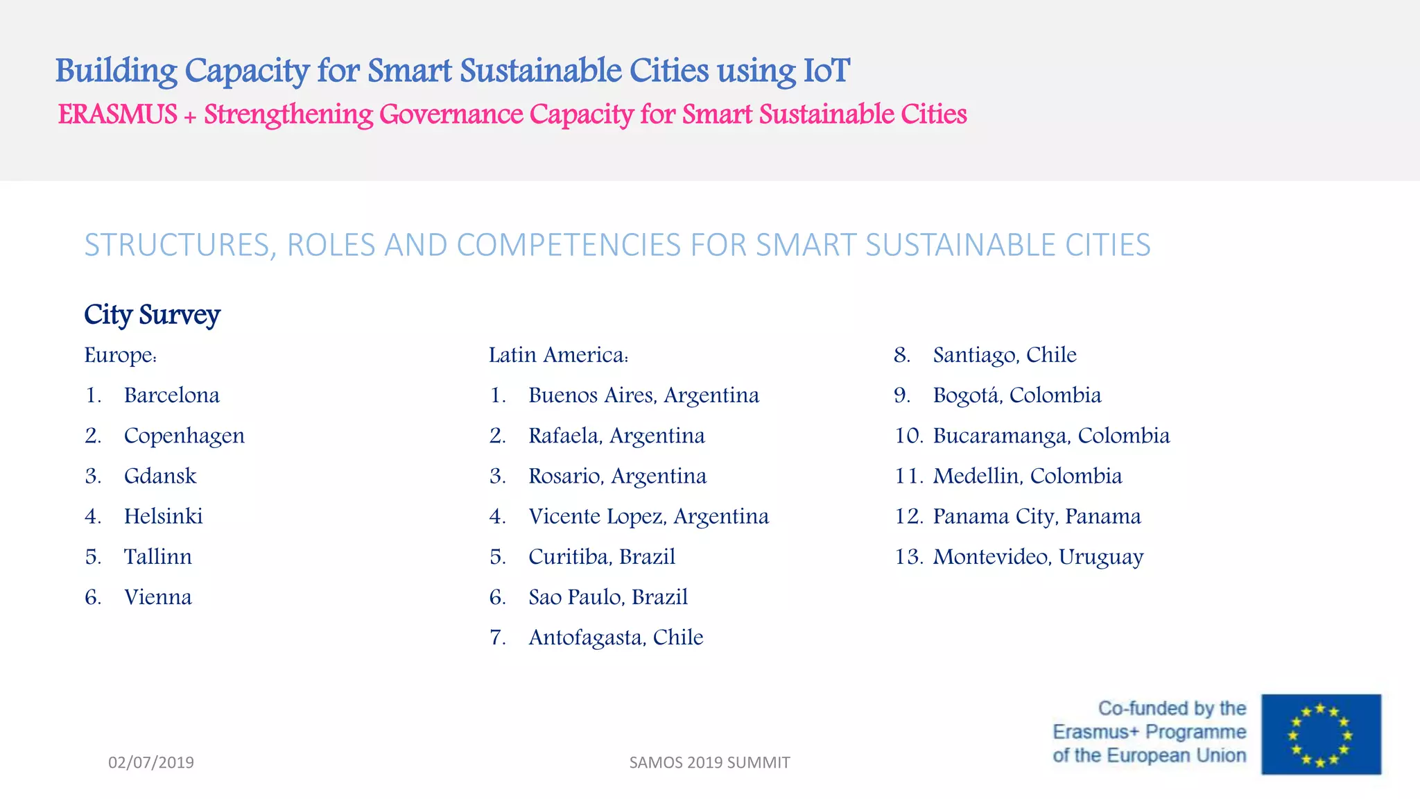Building Capacity for Smart Sustainable Cities using IoT
ERASMUS + Strengthening Governance Capacity for Smart Sustainable Cities
STRUCTURES, ROLES AND COMPETENCIES FOR SMART SUSTAINABLE CITIES
City Survey
Europe:
1. Barcelona
2. Copenhagen
3. Gdansk
4. Helsinki
5. Tallinn
6. Vienna
Latin America:
1. Buenos Aires, Argentina
2. Rafaela, Argentina
3. Rosario, Argentina
4. Vicente Lopez, Argentina
5. Curitiba, Brazil
6. Sao Paulo, Brazil
7. Antofagasta, Chile
8. Santiago, Chile
9. Bogotá, Colombia
10. Bucaramanga, Colombia
11. Medellin, Colombia
12. Panama City, Panama
13. Montevideo, Uruguay
SAMOS 2019 SUMMIT02/07/2019
 
