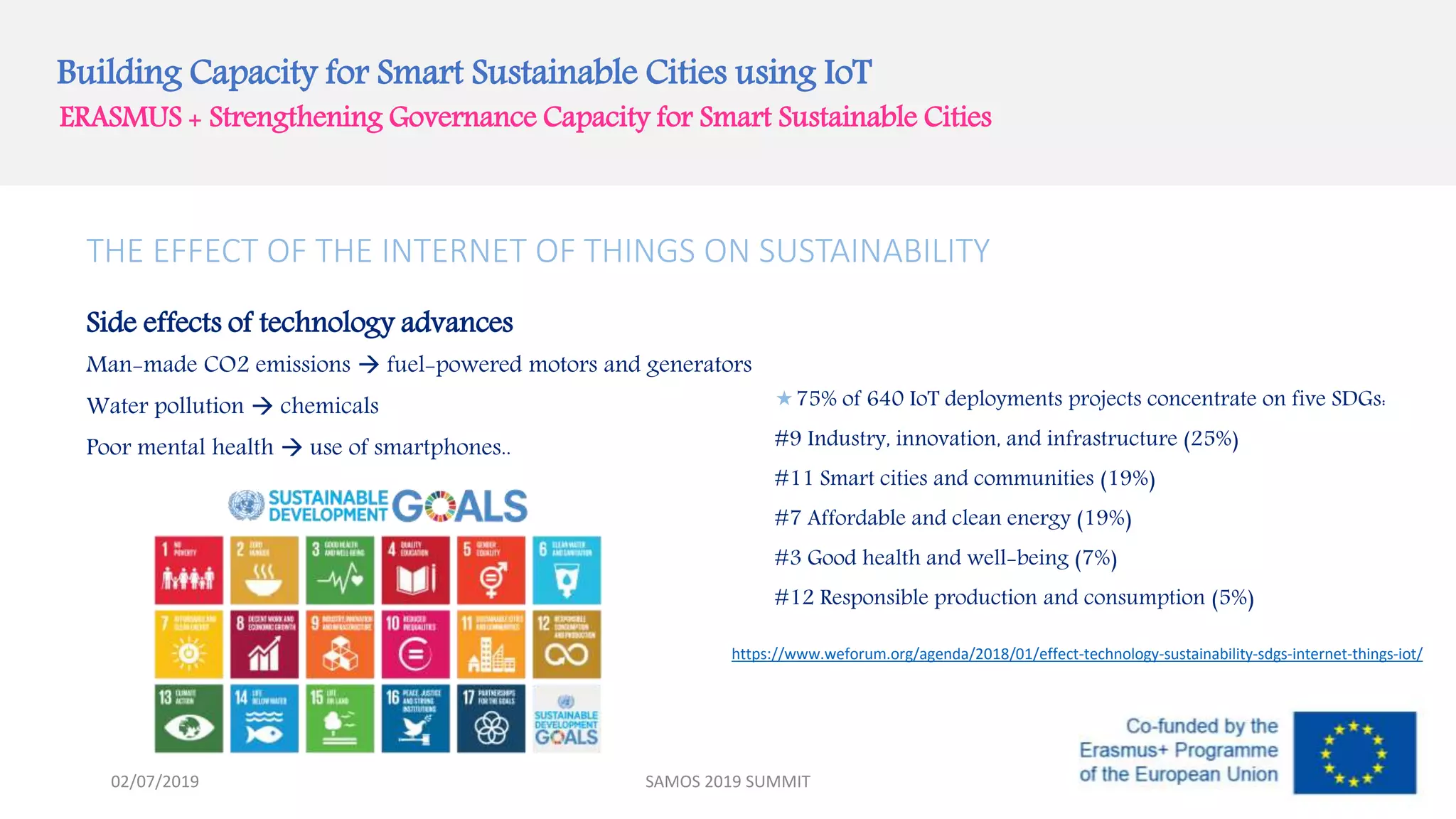 Building Capacity for Smart Sustainable Cities using IoT
ERASMUS + Strengthening Governance Capacity for Smart Sustainable Cities
SAMOS 2019 SUMMIT
THE EFFECT OF THE INTERNET OF THINGS ON SUSTAINABILITY
Side effects of technology advances
Man-made CO2 emissions  fuel-powered motors and generators
Water pollution  chemicals
Poor mental health  use of smartphones..
75% of 640 IoT deployments projects concentrate on five SDGs:
#9 Industry, innovation, and infrastructure (25%)
#11 Smart cities and communities (19%)
#7 Affordable and clean energy (19%)
#3 Good health and well-being (7%)
#12 Responsible production and consumption (5%)
02/07/2019
https://www.weforum.org/agenda/2018/01/effect-technology-sustainability-sdgs-internet-things-iot/
 
