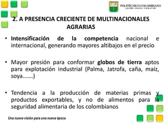 2. A PRESENCIA CRECIENTE DE MULTINACIONALES AGRARIAS 
•Intensificación de la competencia nacional e internacional, generando mayores altibajos en el precio 
•Mayor presión para conformar globos de tierra aptos para explotación industrial (Palma, Jatrofa, caña, maíz, soya…….) 
•Tendencia a la producción de materias primas y productos exportables, y no de alimentos para la seguridad alimentaria de los colombianos 
 