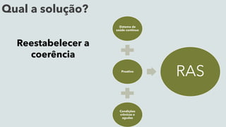 Qual a solução?
Sistema de
saúde continuo
Proativo
Condições
crônicas e
agudas
RAS
Reestabelecer a
coerência
 