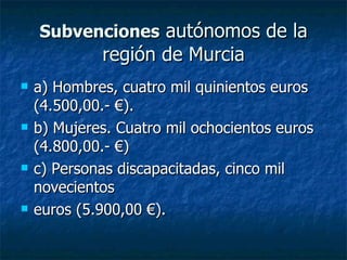 Subvenciones   autónomos de la región de Murcia a) Hombres, cuatro mil quinientos euros (4.500,00.- €). b) Mujeres. Cuatro mil ochocientos euros (4.800,00.- €) c) Personas discapacitadas, cinco mil novecientos euros (5.900,00 €). 