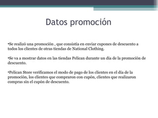Datos promoción Se realizó una promoción , que consistía en enviar cupones de descuento a todos los clientes de otras tiendas de National Clothing. Se va a mostrar datos en las tiendas Pelican durante un día de la promoción de descuento. Pelican Store verificamos el modo de pago de los clientes en el día de la promoción, los clientes que compraron con cupón, clientes que realizaron compras sin el cupón de descuento. 