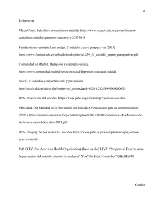 6
Referencias
Mayo Clinic. Suicidio y pensamientos suicidas https://www.mayoclinic.org/es-es/diseases-
conditions/suicide/symptoms-causes/syc-20378048
Fundación universitaria Luis amigo. El suicidio cuatro perspectivas (2015)
https://www.funlam.edu.co/uploads/fondoeditorial/239_El_suicidio_cuatro_perspectivas.pdf
Comunidad de Madrid. Depresión y conducta suicida.
https://www.comunidad.madrid/servicios/salud/depresion-conducta-suicida
Scielo. El suicidio, comportamiento y prevención.
http://scielo.sld.cu/scielo.php?script=sci_arttext&pid=S0864-21251999000200013
OPS. Prevención del suicidio. https://www.paho.org/es/temas/prevencion-suicidio
Min salud. Día Mundial de la Prevención del Suicidio Orientaciones para su conmemoración
(2021). https://manizalessalud.net/wp-content/uploads/2021/08/Orientaciones.-DIa-Mundial-de-
la-Prevencion-del-Suicidio.-2021.pdf
OPS. Uruguay: Mitos acerca del suicidio. https://www.paho.org/es/campanas/uruguay-mitos-
acerca-suicidio
PAHO TV (Pan American Health Organization) (hace un año) LIVE: “Pregunte al Experto sobre
la prevención del suicidio durante la pandemia” YouTube https://youtu.be/7lQBzGEr958
Gracias
 