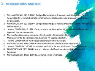 16
1) Norma COVENIN 621-1:2002: Código Nacional para Ascensores de Pasajeros. Parte 1:
Requisitos de seguridad para la construcción e instalaciones de ascensores eléctricos
de pasajeros.
2) Norma COVENIN 621-3:1997: Código Nacional para Ascensores de Pasajeros. Parte 3:
Trafico Vertical.
3) Norma COVENIN 810:1998: Características de los medios de escape en edificaciones
según el tipo de ocupación.
4) Normas Sanitarias para proyecto, Construcción, Reparación, Reforma y
Mantenimiento de Edificaciones. Capitulo IV. Capitulo XXXVIII.
5) Norma COVENIN 624-72: Código Nacional para Montacargas.
6) Norma COVENIN 1466:2003: Baldosas cerámicas. Clasificación y requisitos.
7) Norma COVENIN 1320-78. Artefactos sanitarios de loza vitrificada. Especificaciones.
8) FONDONORMA 2733:2004 Entorno Urbano y Edificaciones Accesibilidad para las
Personas.
9) Norma COVENIN 3478: 1999 Socorrismo en las Empresas.
 