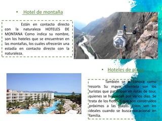 3
Están en contacto directo
con la naturaleza HOTELES DE
MONTANA Como indica su nombre,
son los hoteles que se encuentran en
las montañas, los cuales ofrecerán una
estadía en contacto directo con la
naturaleza.
• Hotel de montaña
• Hoteles de playa
También se le conoce como
resorts Su mayor clientela son los
turistas que participan en rutas de tour,
quienes se hospedan por varios días. Se
trata de los hoteles que son construidos
próximos a las playas. Estos son los
ideales cuando se busca vacacional en
familia.
 