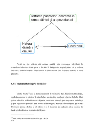 106
Astfel, au fost refăcute atât ordinea socială, prin reintegrarea individului în
comunitatea din care făcuse parte şi din care îl îndepărtase propriul păcat, cât şi ordinea
interioară, armonia internă a fiinţei umane în totalitatea sa, care suferise o ruptură, în urma
păcatului.
6.3.6. Sacramentul ungerii bolnavilor
Sfântul Maslu116
este al doilea sacrament de vindecare, după Sacramentul Pocăinţei,
rolul său constând în primirea de către bolnav sau de către muribund a harului Duhului Sfânt
pentru mântuirea sufletului (uneori şi pentru vindecarea trupului), prin ungerea cu ulei sfinţit
şi prin rugăciunile preotului. Prin această sfântă ungere, Biserica îl încredinţează pe bolnav
Domnului, pentru a-l alina şi a-l mântui şi ea îl îndeamnă pe credincios să se asocieze de
bună-voie la pătimirea şi moartea lui Hristos.
116
Ioan Tamaş, Mic dicţionar creştin catolic, pp. 238-239.
 
