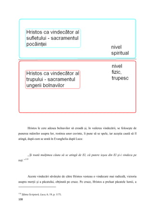 108
Hristos le cere adesea bolnavilor să creadă şi, în vederea vindecării, se foloseşte de
punerea mâinilor asupra lor, rostirea unor cuvinte, îi pune să se spele, iar aceştia caută să îl
atingă, după cum se arată în Evanghelia după Luca:
„Şi toată mulţimea căuta să se atingă de El, că putere ieşea din El şi-i vindeca pe
toţi.“118
Aceste vindecări săvârşite de către Hristos vesteau o vindecare mai radicală, victoria
asupra morţii şi a păcatului, obţinută pe cruce. Pe cruce, Hristos a preluat păcatele lumii, a
118
Sfânta Scriptură, Luca, 6, 19, p. 1171.
 