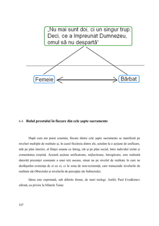117
6.4. Rolul preotului în fiecare din cele şapte sacramente
După cum am putut constata, fiecare dintre cele şapte sacramente se manifestă pe
niveluri multiple de realitate şi, în cazul fiecăreia dintre ele, asistăm la o acţiune de unificare,
atât pe plan interior, al fiinţei umane ca întreg, cât şi pe plan social, între individul izolat şi
comunitatea creştină. Această acţiune unificatoare, mijlocitoare, întregitoare, este realizată
datorită prezenţei constante a unui terţ ascuns, situat nu pe nivelul de realitate în care ne
desfăşurăm existenţa de zi cu zi, ci în zona de non-rezistenţă, care transcende nivelurile de
realitate ale Obiectului şi nivelurile de percepţie ale Subiectului.
Ideea este exprimată, sub diferite forme, de mari teologi. Astfel, Paul Evodkimov
afirmă, cu privire la Sfintele Taine:
 