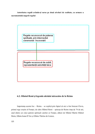 125
Autoritatea regală avându-şi sursa pe două niveluri de realitate, ca urmare a
sacramentului ungerii regelui:
6.2. Sfântul Remi şi legenda uleiului miraculos de la Reims
Importanţa acestui loc – Reims – se explică prin faptul că aici a fost botezat Clovis,
primul rege creştin al Franţei, de către Sfântul Remi – episcop de Reims timp de 74 de ani,
unul dintre cei cinci patroni spirituali catolici ai Franţei, alături de Sfântul Martin Sfântul
Denis, Sfânta Ioana D’Arc şi Sfânta Thérèse de Lisieux.
 