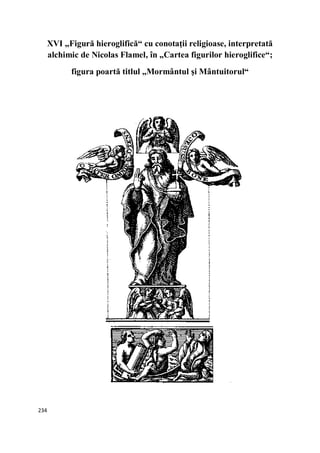 234
XVI „Figură hieroglifică“ cu conotaţii religioase, interpretată
alchimic de Nicolas Flamel, în „Cartea figurilor hieroglifice“;
figura poartă titlul „Mormântul şi Mântuitorul“
 