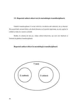 46
3.5. Raportul subiect-obiect-terţ în metodologia transidisciplinară.
Gândirii transdisciplinare îi revine rolul de a revaloriza atât subiectul, cât şi obiectul.
De această dată, niciunul dintre cele două elemente nu îşi pierde importanţa, nu este cuprins în
celălalt şi redus la o anexă a celuilalt.
Redăm, în schema de mai jos, relaţia subiect-obiect-terţ, aşa cum este înţeleasă şi
ilustrată de gândirea transdisciplinară:
Raportul subiect-obiect în metodologia transdisciplinară
 