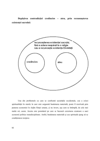 62
Depăşirea contradicţiei credincios – ateu, prin recunoaşterea
existenţei sacrului:
Una din problemele cu care se confruntă societăţile occidentale, cea a crizei
spiritualităţii în statele în care este asigurată bunăstarea materială, poate fi rezolvată prin
punerea economiei în slujba fiinţei umane, şi nu invers, aşa cum se întâmplă, de cele mai
multe ori, acum. Acesta este postulatul pe care se bazează cercetarea creatoare a unei
economii politice transdisciplinare. Astfel, bunăstarea materială şi cea spirituală ajung să se
condiţioneze reciproc.
 