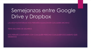 Semejanzas entre Google
Drive y Dropbox
LAS DOS PLATAFORMAS NOS PERMITEN ALMACENAR CUALQUIER ARCHIVO
TIENE MILLONES DE USUARIOS
NOS PERMITE COMPARTIR CON CUALQUIER PERSONA CUALQUIER DOCUMENTO QUE
DESEEMOS