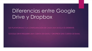 Diferencias entre Google
Drive y Dropbox
SUS PLATAFORMAS Y LA CONFIGURACIÓN DE CADA UNA DE ELLA ES DIFERENTE
GOOGLE DRIVE REQUIERE UNA CUENTA DE GMAIL Y DROPBOX UNA CUENTA DE EMAIL
