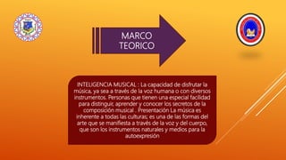 MARCO
TEORICO
INTELIGENCIA MUSICAL : La capacidad de disfrutar la
música, ya sea a través de la voz humana o con diversos
instrumentos. Personas que tienen una especial facilidad
para distinguir, aprender y conocer los secretos de la
composición musical . Presentación La música es
inherente a todas las culturas; es una de las formas del
arte que se manifiesta a través de la voz y del cuerpo,
que son los instrumentos naturales y medios para la
autoexpresión
 