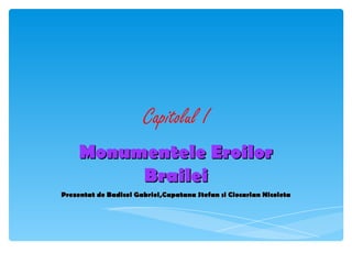 Capitolul I
     Monumentele Eroilor
          Brailei
Prezentat de Badicel Gabriel,Capatana Stefan si Ciocarlan Nicoleta
 