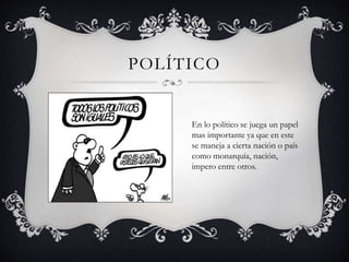 POLÍTICO 
En lo político se juega un papel 
mas importante ya que en este 
se maneja a cierta nación o país 
como monarquía, nación, 
impero entre otros. 
 