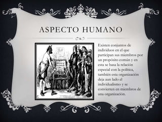 ASPECTO HUMANO 
Existen conjuntos de 
individuos en el que 
participan sus miembros por 
un propósito común y en 
esta se basa la relación 
especial con la política, 
también esta organización 
deja aun lado el 
individualismo y se 
convierten en miembros de 
una organización. 
 