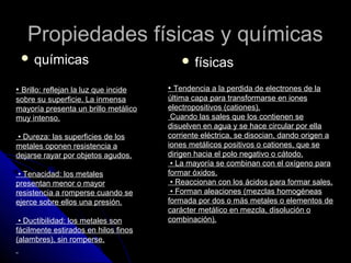 Propiedades físicas y químicasPropiedades físicas y químicas
 químicasquímicas  físicasfísicas
• Brillo: reflejan la luz que incide
sobre su superficie. La inmensa
mayoría presenta un brillo metálico
muy intenso.
• Dureza: las superficies de los
metales oponen resistencia a
dejarse rayar por objetos agudos.
• Tenacidad: los metales
presentan menor o mayor
resistencia a romperse cuando se
ejerce sobre ellos una presión.
• Ductibilidad: los metales son
fácilmente estirados en hilos finos
(alambres), sin romperse.
• Tendencia a la perdida de electrones de la
última capa para transformarse en iones
electropositivos (cationes).
Cuando las sales que los contienen se
disuelven en agua y se hace circular por ella
corriente eléctrica, se disocian, dando origen a
iones metálicos positivos o cationes, que se
dirigen hacia el polo negativo o cátodo.
• La mayoría se combinan con el oxígeno para
formar óxidos.
• Reaccionan con los ácidos para formar sales.
• Forman aleaciones (mezclas homogéneas
formada por dos o más metales o elementos de
carácter metálico en mezcla, disolución o
combinación).
 