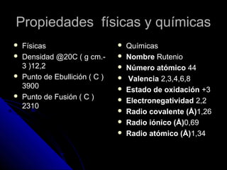 Propiedades físicas y químicasPropiedades físicas y químicas
 FísicasFísicas
 Densidad @20C ( g cm.-Densidad @20C ( g cm.-
3 )12,23 )12,2
 Punto de Ebullición ( C )Punto de Ebullición ( C )
39003900
 Punto de Fusión ( C )Punto de Fusión ( C )
23102310
 QuímicasQuímicas
 NombreNombre RutenioRutenio
 Número atómicoNúmero atómico 4444
 ValenciaValencia 2,3,4,6,82,3,4,6,8
 Estado de oxidaciónEstado de oxidación +3+3
 ElectronegatividadElectronegatividad 2,22,2
 Radio covalente (Å)Radio covalente (Å)1,261,26
 Radio iónico (Å)Radio iónico (Å)0,690,69
 Radio atómico (Å)Radio atómico (Å)1,341,34
 