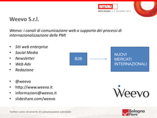 Titolo della presentazione
Weevo S.r.l.
Weevo: i canali di comunicazione web a supporto dei processi di
internazionalizzaz...