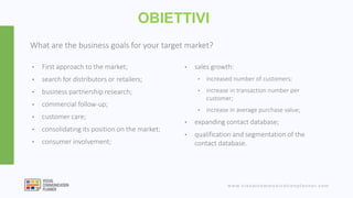 www.visualcommunicationplanner.com
• First approach to the market;
• search for distributors or retailers;
• business partnership research;
• commercial follow-up;
• customer care;
• consolidating its position on the market;
• consumer involvement;
OBIETTIVI
• sales growth:
• increased number of customers;
• increase in transaction number per
customer;
• increase in average purchase value;
• expanding contact database;
• qualification and segmentation of the
contact database.
What are the business goals for your target market?
 