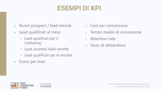 www.visualcommunicationplanner.it
www.marketingdistinguo.com
ESEMPI DI KPI
• NuovI prospect / lead mensili
• Lead qualific...