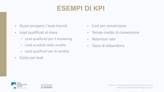 www.visualcommunicationplanner.it
www.marketingdistinguo.com
ESEMPI DI KPI
• Nuovi prospect / lead mensili
• Lead qualific...