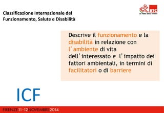 Classificazione Internazionale del 
Funzionamento, Salute e Disabilità 
Descrive il funzionamento e la 
disabilità in relazione con 
l’ambiente di vita 
dell’interessato e l’impatto dei 
fattori ambientali, in termini di 
facilitatori o di barriere 
ICF 
 
