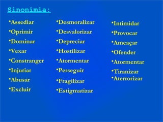 Sinonímia:
•Assediar
•Oprimir
•Dominar
•Vexar
•Constranger
•Injuriar
•Desmoralizar
•Desvalorizar
•Depreciar
•Hostilizar
•Atormentar
•Perseguir
•Intimidar
•Provocar
•Ameaçar
•Ofender
•Atormentar
•Tiranizar
•Abusar
•Excluir
•Fragilizar
•Estigmatizar
•Aterrorizar
 