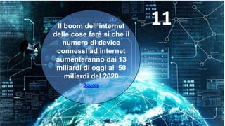 Il boom dell’internet
delle cose farà si che il
numero di device
connessi ad internet
aumenteranno dai 13
miliardi di oggi ai 50
miliardi del 2020
Source
11
 