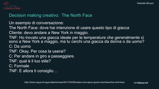 Gabriele Micozzi
Un esempio di conversazione:
The North Face: dove hai intenzione di usare questo tipo di giacca
Cliente: devo andare a New York in maggio.
TNF: Ho trovato una giacca ideale per le temperature che generalmente ci
sono a New York a maggio, ma tu cerchi una giacca da donna o da uomo?
C: Da uomo
TNF: Okay. Per cosa la userai?
C: Per andare in giro a passeggiare.
TNF: qual è il tuo stile?
C: Formale
TNF: E allora ti consiglio…
Decision making creativo: The North Face
http://www.vogue.it/vogue-talents/news/2017/03/29/watson-ibm-jason-grech-marchesa-the-north-face
 