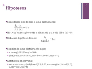 nSeus dados obedecem a uma distribuição:
nH0: Não há relação entre a altura do pai e do filho (b1=0).
nSob essa hipótese, temos:
nSimulando uma distribuição nula:
n x <- seq(-20,20,length=100)
n plot(x,dt(x,df=(928-2)),col="blue",lwd=3,type="l")
nEstatística observada:
n arrows(summary(lm1)$coeff[2,3],0.25,summary(lm1)$coeff[2,3],
0,col="red",lwd=4)
+
Hipoteses
13
 