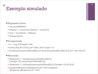+
Exemplo simulado
n Regressão linear:
n set.seed(9898324)
n yValues <- rnorm(10); xValues <- rnorm(10)
n lm2 <- lm(yValues ~ xValues)
n summary(lm2)
n Comparando:
n x <- seq(-5,5,length=100)
n plot(x,dt(x,df=(10-2)),col="blue",lwd=3,type="l")
n arrows(summary(lm2)$coeff[2,3],0.25,summary(lm2)$coeff[2,3],0,col="red",lwd=4)
n Marcando:
n xSequence <- c(seq(summary(lm2)$coeff[2,3],
5,length=10),summary(lm2)$coeff[2,3])
n ySequence <- c(dt(seq(summary(lm2)$coeff[2,3],5,length=10),df=8),0)
n polygon(xSequence,ySequence,col="red"); polygon(-
xSequence,ySequence,col="red")
14
 