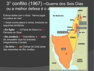 3° conflito (1967) –Guerra dos Seis Dias
  ou a melhor defesa é o ataque
Euforia árabe com o título: “Vamos jogar
os judeus ao mar”.                                       5

-- Israel contra-ataca e vence, tomando os
seguintes territórios:                               3
--Do Egito    – A Faixa de Gaza e a 2 -
                                                     4
Penísula do Sinai                                1
              1
--Da Jordânia – 3 Cisjordânia e 4 setor
de Jerusalém (que foi anexada
integralmente a Israel)
-- Da Síria – 5 as Colinas de Golã (área
das nascentes do Rio Jordão)
                                             2
 