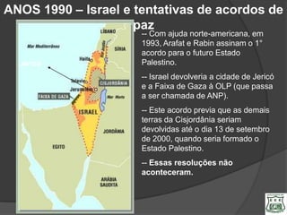 ANOS 1990 – Israel e tentativas de acordos de
                     paz
                      -- Com ajuda norte-americana, em
                      1993, Arafat e Rabin assinam o 1°
                      acordo para o futuro Estado
  Jericó              Palestino.
                      -- Israel devolveria a cidade de Jericó
                      e a Faixa de Gaza à OLP (que passa
                      a ser chamada de ANP).
                      -- Este acordo previa que as demais
                      terras da Cisjordânia seriam
                      devolvidas até o dia 13 de setembro
                      de 2000, quando seria formado o
                      Estado Palestino.
                      -- Essas resoluções não
                      aconteceram.
 