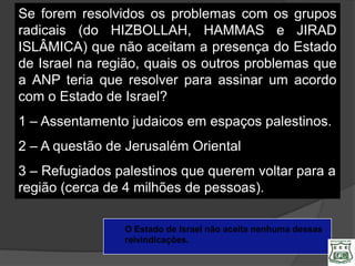 Se forem resolvidos os problemas com os grupos
radicais (do HIZBOLLAH, HAMMAS e JIRAD
ISLÂMICA) que não aceitam a presença do Estado
de Israel na região, quais os outros problemas que
a ANP teria que resolver para assinar um acordo
com o Estado de Israel?
1 – Assentamento judaicos em espaços palestinos.
2 – A questão de Jerusalém Oriental
3 – Refugiados palestinos que querem voltar para a
região (cerca de 4 milhões de pessoas).

                O Estado de Israel não aceita nenhuma dessas
                reivindicações.
 