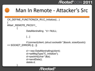 Man In Remote - Attacker’s Src
CK_DEFINE_FUNCTION(CK_RV,C_Initialize)(…)
{
#ifdef _REMOTE_PKCS11_
         {
             ...