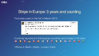 First beta users in the UK in March 2013
Currently launched in 6 European countries and in beta in 10 more
Ofﬁces in Berlin, Dublin, London, Paris
Stripe in Europe: 3 years and counting
 