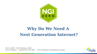 Why Do We Need A
Next Generation Internet?
02.11.2023 – NGI Webinar 2023
Lina Ceballos · Gabriel Ku Wei Bin · Free Software Foundation Europe
 