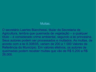 Multas. O secretário Laertes Bianchessi, titular da Secretaria de Agricultura, lembra que queimada de vegetação – a qualquer título – é considerado crime ambiental, segundo a lei princesina. Seus autores podem ser processados e multados. As multas, de acordo com a lei 8.308/05, variam de 200 a 1 000 Valores de Referência do Município. Em valores efetivos, os autores de queimadas podem receber multas que vão de R$ 5.200 a R$ 26.000. 