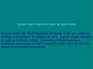 Locais mais freqüentes para as queimadas. As queimadas são mais freqüentes em áreas rurais que praticam técnicas rudimentares de preparo da terra, quando existe uma área na qual se pretende cultivar, o pequeno produtor queima a vegetação para limpar o local e preparar o solo, esse recurso não requer investimentos financeiros. 