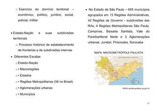 11
o Exercício do domínio territorial –
econômico, político, jurídico, social,
policial, militar
 Estado-Nação e suas subdivisões
territoriais
o Processo histórico de estabelecimento
de fronteiras e de subdivisões internas
 Diferentes Escalas
oEstado-Nação
o• Macroregiões
o• Estados
o• Regiões Metropolitanas (56 no Brasil)
o• Aglomerações urbanas
o• Municípios
 No Estado de São Paulo – 645 municípios
agrupados em 15 Regiões Administrativas,
42 Regiões de Governo - subdivisões das
RAs, 4 Regiões Metropolitanas São Paulo,
Campinas, Baixada Santista, Vale do
Paraíba/litoral Norte e 3 Aglomerações
urbanas: Jundiaí, Piracicaba. Sorocaba
MAPA: MACROMETRÓPOLE PAULISTA
WWW.sdmetropolitano.sp.gov.br
 