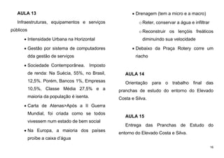 16
AULA 13
Infraestruturas, equipamentos e serviços
públicos
 Intensidade Urbana na Horizontal
 Gestão por sistema de computadores
dda gestão de serviços
 Sociedade Contemporânea. Imposto
de renda: Na Suécia, 55%, no Brasil,
12,5%. Porém, Bancos 1%, Empresas
10,5%, Classe Média 27,5% e a
maioria da população é isenta.
 Carta de Atenas>Após a II Guerra
Mundial, foi criada como se todos
vivessem num estado de bem social
 Na Europa, a maioria dos países
proíbe a caixa d’água
 Drenagem (tem a micro e a macro)
oReter, conservar a água e infiltrar
oReconstruir os lençóis freáticos
diminuindo sua velocidade
 Debaixo da Praça Rotery corre um
riacho
AULA 14
Orientação para o trabalho final das
pranchas de estudo do entorno do Elevado
Costa e Silva.
AULA 15
Entrega das Pranchas de Estudo do
entorno do Elevado Costa e Silva.
 