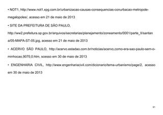 61
• NOT1, http://www.not1.xpg.com.br/urbanizacao-causas-consequencias-conurbacao-metropole-
megalopoles/, acesso em 21 de maio de 2013
• SITE DA PREFEITURA DE SÃO PAULO,
http://ww2.prefeitura.sp.gov.br/arquivos/secretarias/planejamento/zoneamento/0001/parte_II/santan
a/05-MAPA-ST-05.jpg, acesso em 21 de maio de 2013
• ACERVO SÃO PAULO, http://acervo.estadao.com.br/noticias/acervo,como-era-sao-paulo-sem-o-
minhocao,9070,0.htm, scesso em 30 de maio de 2013
• ENGENHARIA CIVIL, http://www.engenhariacivil.com/dicionario/tema-urbanismo/page/2, acesso
em 30 de maio de 2013
 