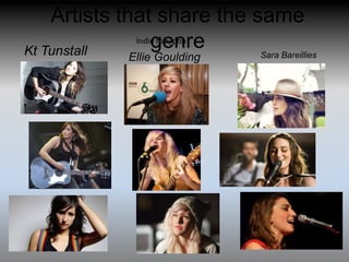 Artists that share the same
Kt Tunstall
                  genre
              Indie folk/pop
                             Sara Bareillies
               Ellie Goulding
 