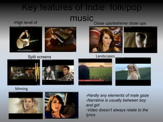 Key features of Indie folk/pop
-High level of
               musicClose ups/extreme close ups
performance




         Split screens        Landscapes




Miming
                         -Hardly any elements of male gaze
                         -Narrative is usually between boy
                         and girl
                         -Video doesn’t always relate to the
                         lyrics
 