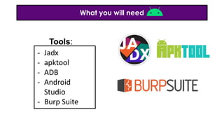 What you will need
- Jadx
- apktool
- ADB
- Android
Studio
- Burp Suite
Tools:
 