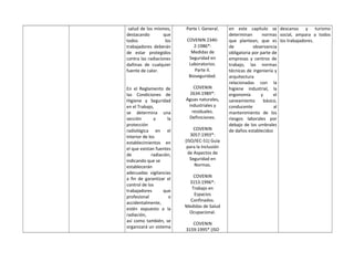 salud de los mismos,
destacando que
todos los
trabajadores deberán
de estar protegidos
contra las radiaciones
dañinas de cualquier
fuente de calor.
En el Reglamento de
las Condiciones de
Higiene y Seguridad
en el Trabajo,
se determina una
sección a la
protección
radiológica en el
interior de los
establecimientos en
el que existan fuentes
de radiación,
indicando que se
establecerán
adecuadas vigilancias
a fin de garantizar el
control de los
trabajadores que
profesional o
accidentalmente,
estén expuesto a la
radiación,
así como también, se
organizará un sistema
Parte I. General.
COVENIN 2340-
2:1986*:
Medidas de
Seguridad en
Laboratorios.
Parte II.
Bioseguridad.
COVENIN
2634:1989*:
Aguas naturales,
industriales y
residuales.
Definiciones.
COVENIN
3057:1993*:
(ISO/IEC-51) Guía
para la Inclusión
de Aspectos de
Seguridad en
Normas.
COVENIN
3153:1996*:
Trabajo en
Espacios
Confinados.
Medidas de Salud
Ocupacional.
COVENIN
3159:1995* (ISO
en este capítulo se
determinan normas
que plantean, que es
de observancia
obligatoria por parte de
empresas y centros de
trabajo, las normas
técnicas de ingeniería y
arquitectura
relacionadas con la
higiene industrial, la
ergonomía y el
saneamiento básico,
conducente al
mantenimiento de los
riesgos laborales por
debajo de los umbrales
de daños establecidos
descanso y turismo
social, ampara a todos
los trabajadores.
 